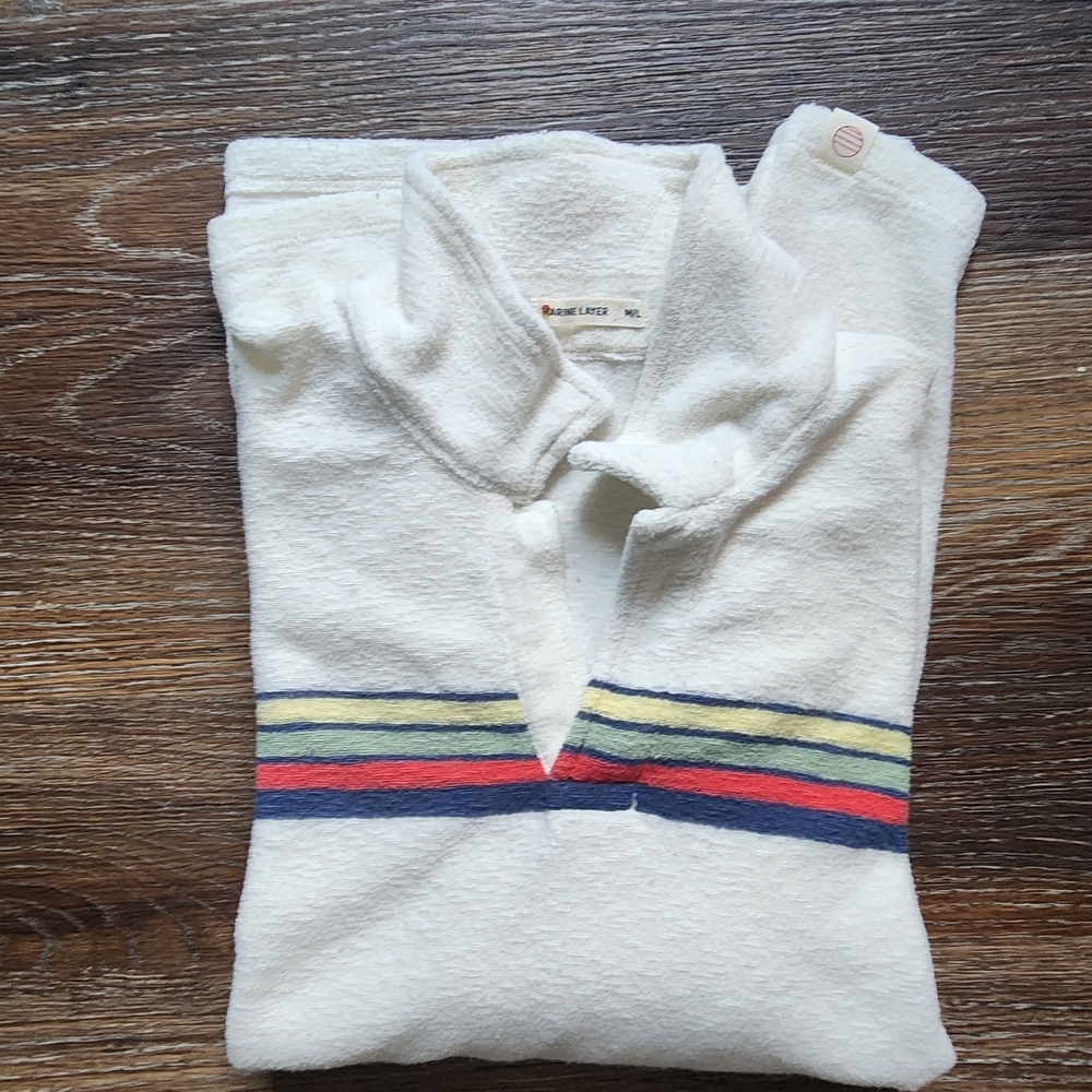 Marine Layer French Terry Polo Shirt Mens M/L Cream Towel Surf Rainbow Soft